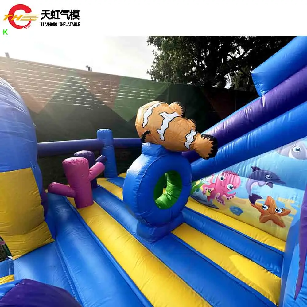 Zamek dmuchany z motywem Sea World, zjeżdżalnia, plac zabaw, 6x5m, wytrzymały, dmuchany zamek z ośmiornicą, zjeżdżalnia i przeszkodami.