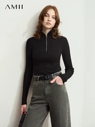 AMII-suéteres minimalistas para mujer, suéter ajustado con cuello de pie y cremallera, ropa de calle, Tops de invierno, 2024, 12424069