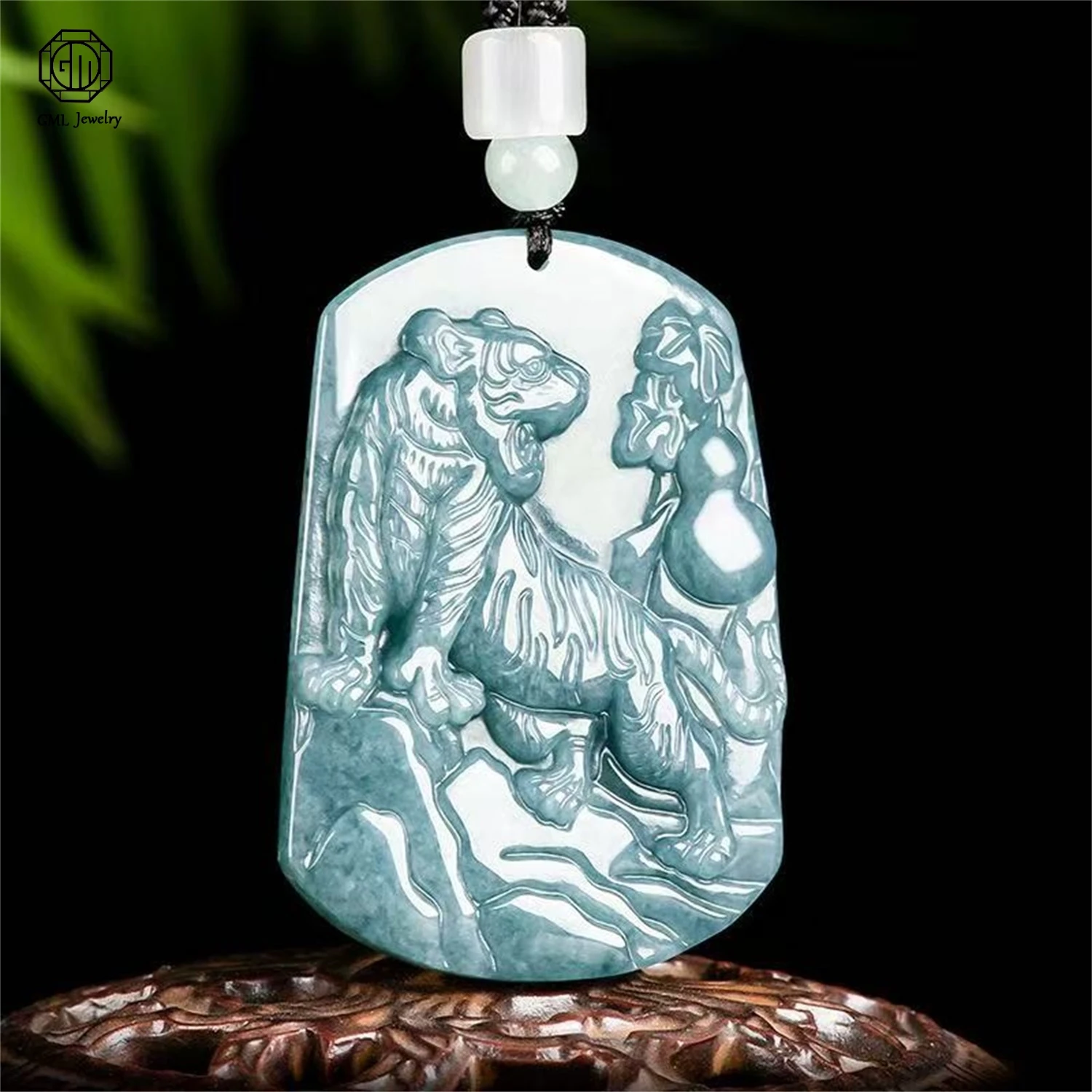 Natural Grade A Jadeite Blue Water Tiger Mountain Plaque Pendant Tiger Roar Zodiac Symbol Unisex Men Women Gemstone Necklace