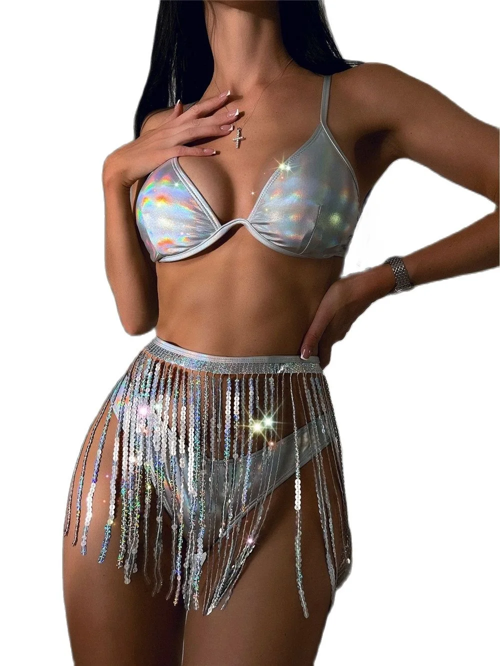 Olografico Glitter paillettes Music Festival Rave Outfit frangia minigonna Sexy perizoma Streetwear Club Party donna Bikini 3 pezzi Set