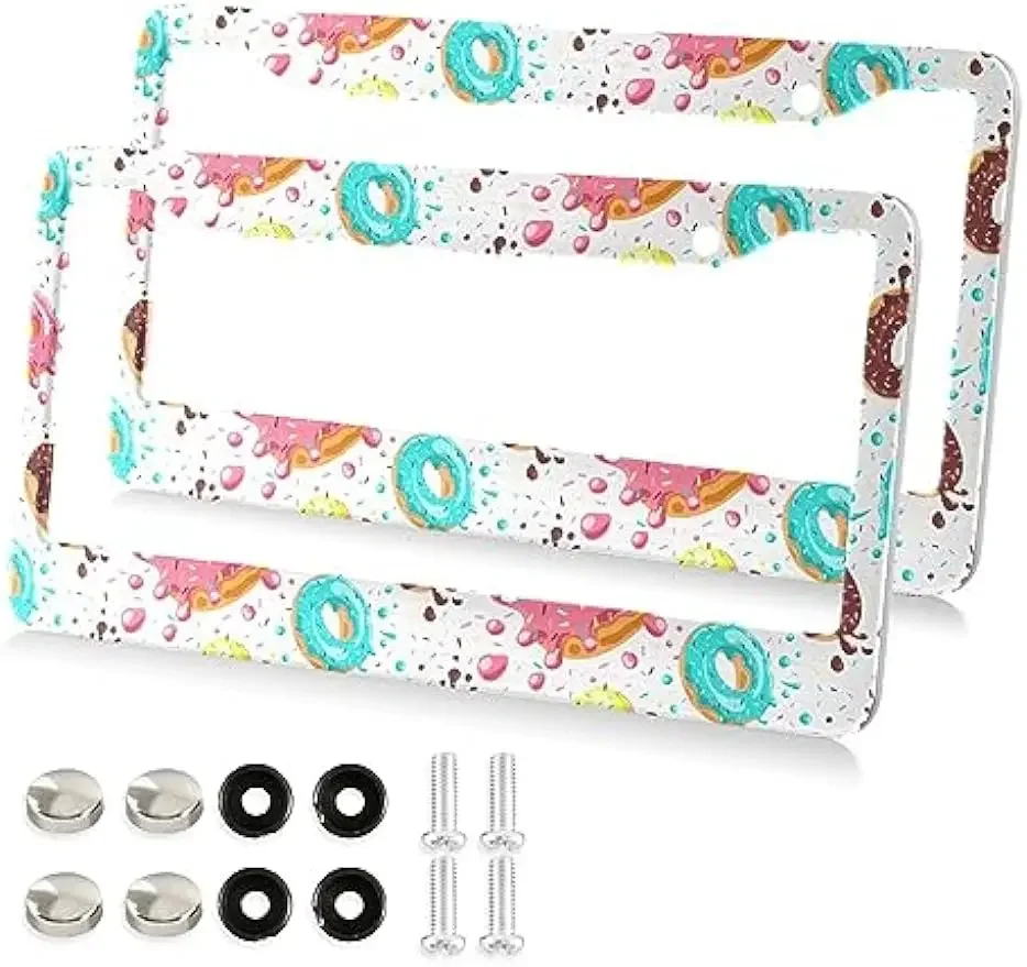 Colored Doughnut Pattern License Plate Frame Decorative Aluminum Car Tag Frame 2 Pack Universal Car License Plate Covers Fit US