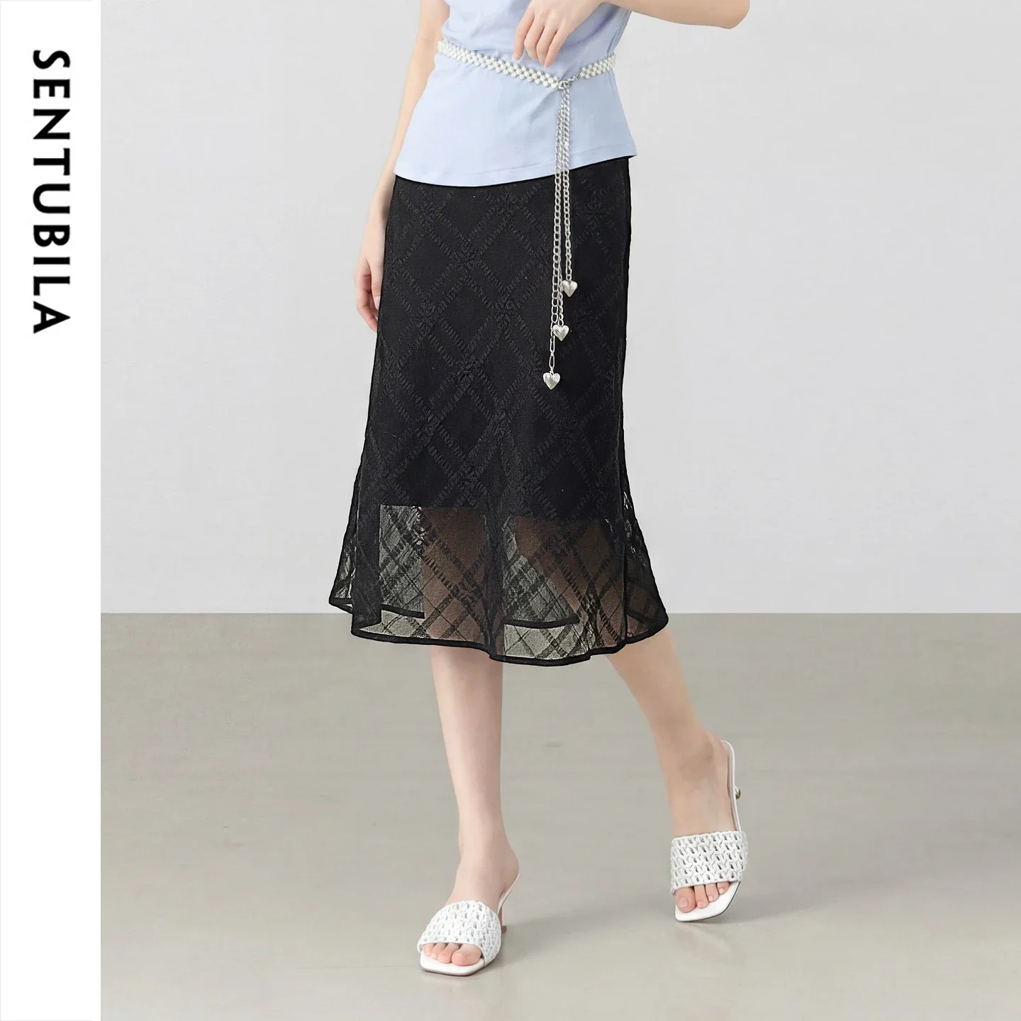 SENTUBILA Black Skirt for Women 2026 Summer French Elegant Textured Subtle Diamond Pattern Chiffon Skirt Woman Clothes Q62QA7883
