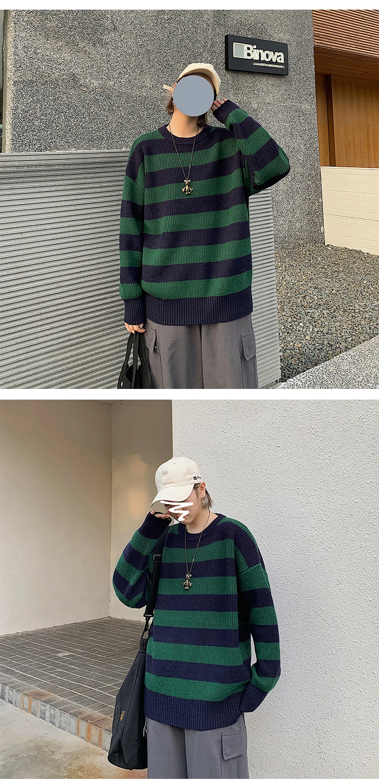 2026 Gestreifter Herren-Strickpullover Damen Vintage Locker Sitzende Pullover Harajuku Grüner Herbst-Pullover Unisex Lässige Strickware – Detail 15