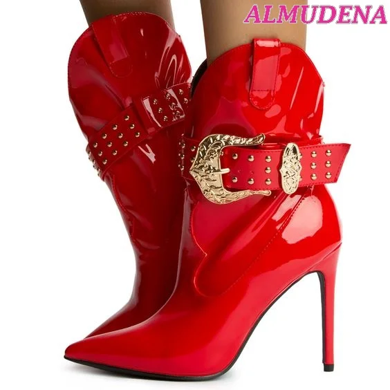 

Women Red Patent Leather Crystal Buckle Ankle Boots White Stiletto High Heels Zipper Nude Booties Sexy Designer Lolita Shoes