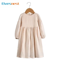 Fashion Solid Color Kids Dresses for Girls Cotton Linen Long Sleeve Baby Girls Dress Spring & Autumn Children Clothing 1-6 Years