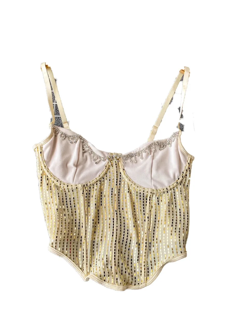 Foamlina – Corset tendance à paillettes et strass pour femmes, conçu européen, estampage à chaud, col licou, Slim Fit, Sexy, dos nu, gilet court