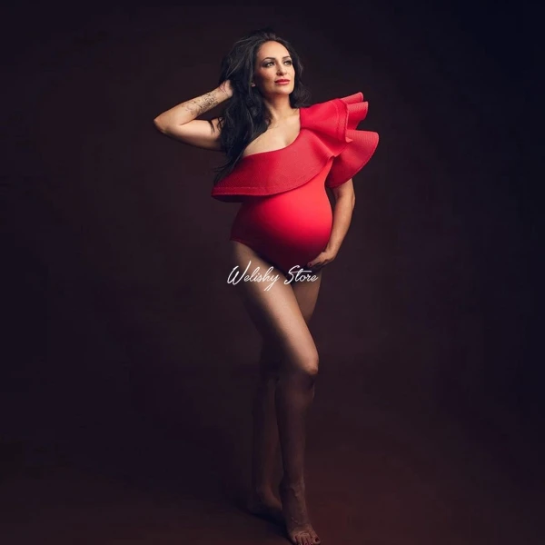 

New Red One-Shoulder Ruffled Edge Bodysuit For Pregnancy Women Photogranphy Sexy Stretchy Spandex Short Maternity Dresses