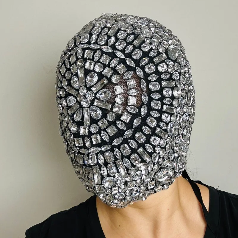 Silver Rhinestone Mask Nightclub Dj Singer Dancer Stage Costume Party Helmet Carniva Rave Wear Luxury Outfit Birthday Party Gift