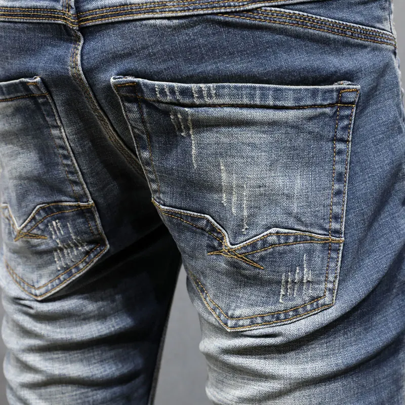 Italian Style Fashion Men Jeans Retro Washed Blue Stretch Slim Fit Ripped Jeans Men Vintage Designer Casual Denim Pants Hombre