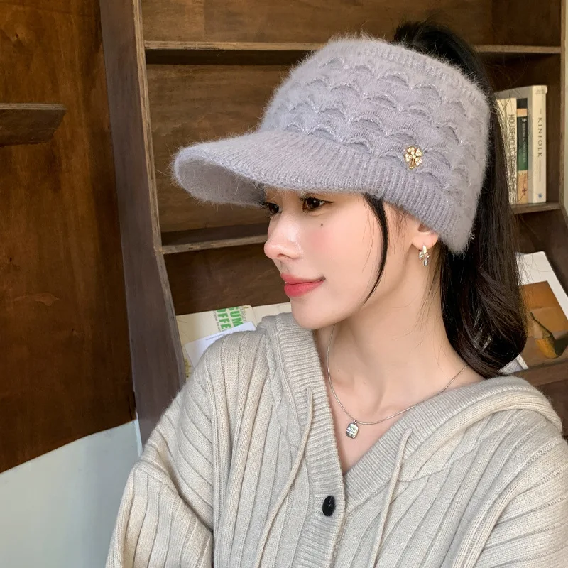 Autumn and winter women\'s hollow top hat padded warm duck tongue hat cold-proof knitted cap thickened woolen hat