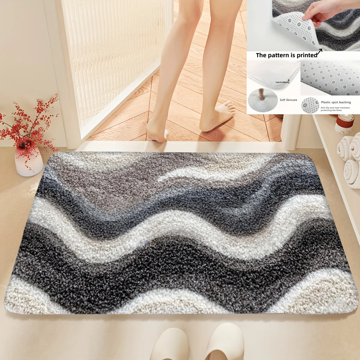 Nordic Style Gray Brown Textured Bath Mat, Soft Fleece Non-Slip Rug, Short Pile Carpet for Bathroom, Living Room, Kitchen, Decor