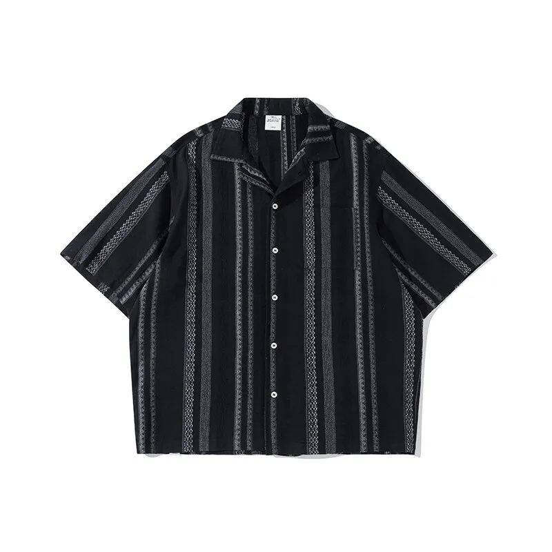Men Japanese Vintage Cuban Collar Stripe Summer Streetwear Loose Casual Shirt Cityboy Oversize Beach Shirts Blouses