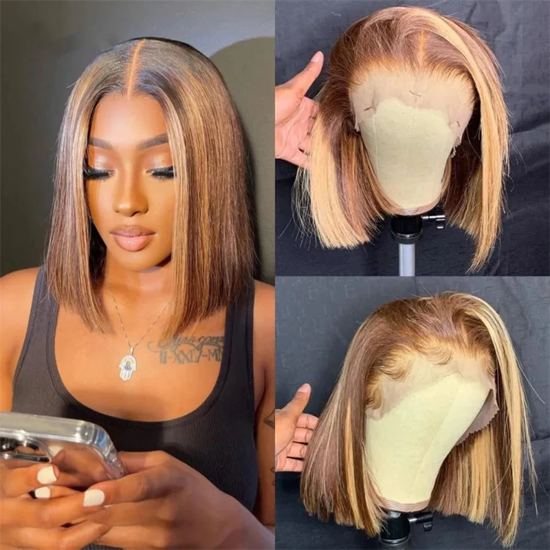 Perruque HD Lace Front Bob sans colle pour femme, Ombre, Honey Brown, Highlight, Short, Straight, Dark Roots, Blonde, 13x4, 03/Use