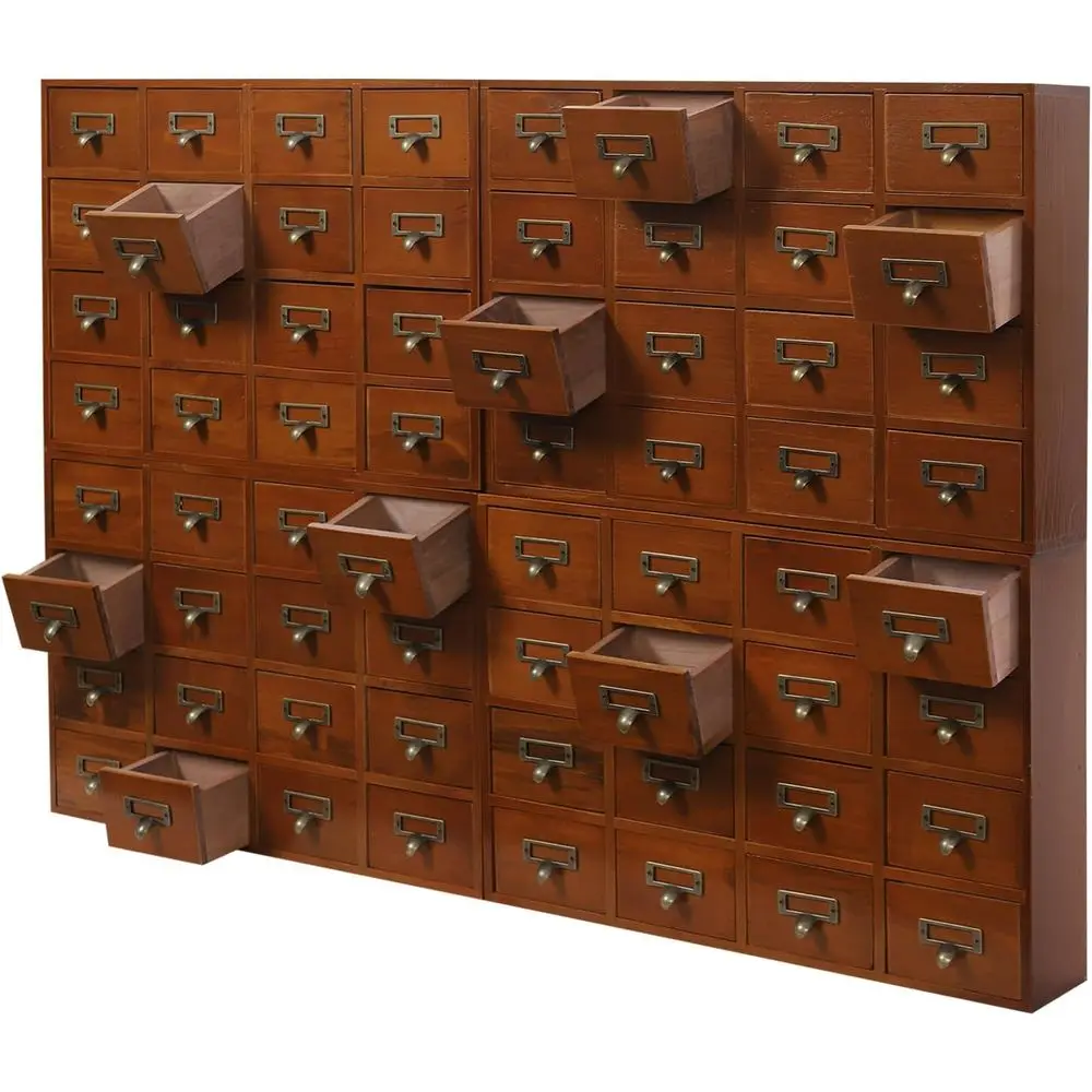 

Vintage Wooden Tabletop Storage Cabinet with Label Holders and Handles for Home Office, Crafts, and Herbs, Brown