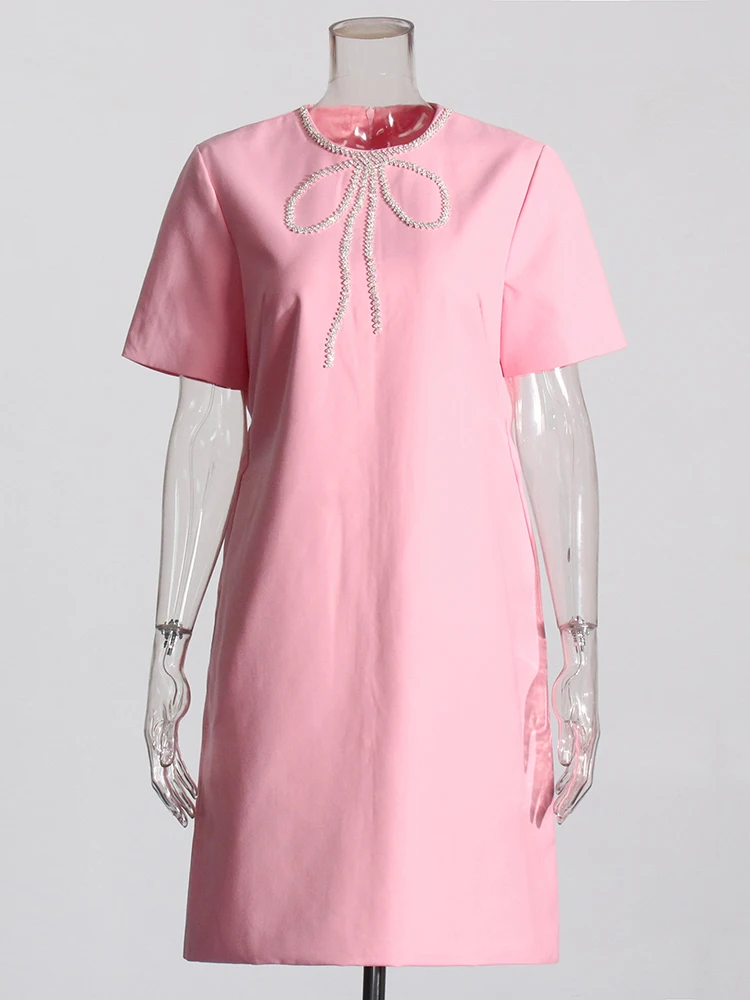 TWOTWINSTYLE Spliced Zipper Elegant Dresses For Women Round Neck Short Sleeve High Waist Solid Patchwork Diamonds Dress Female