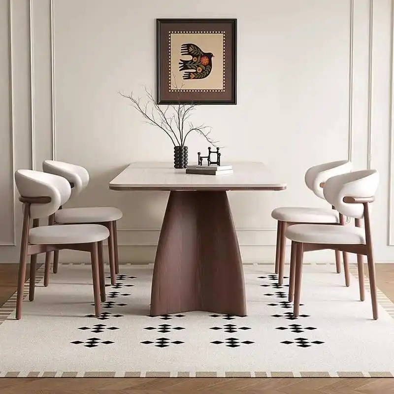 Solid wood travertine rock slab dining table Household rectangular medieval dining table
