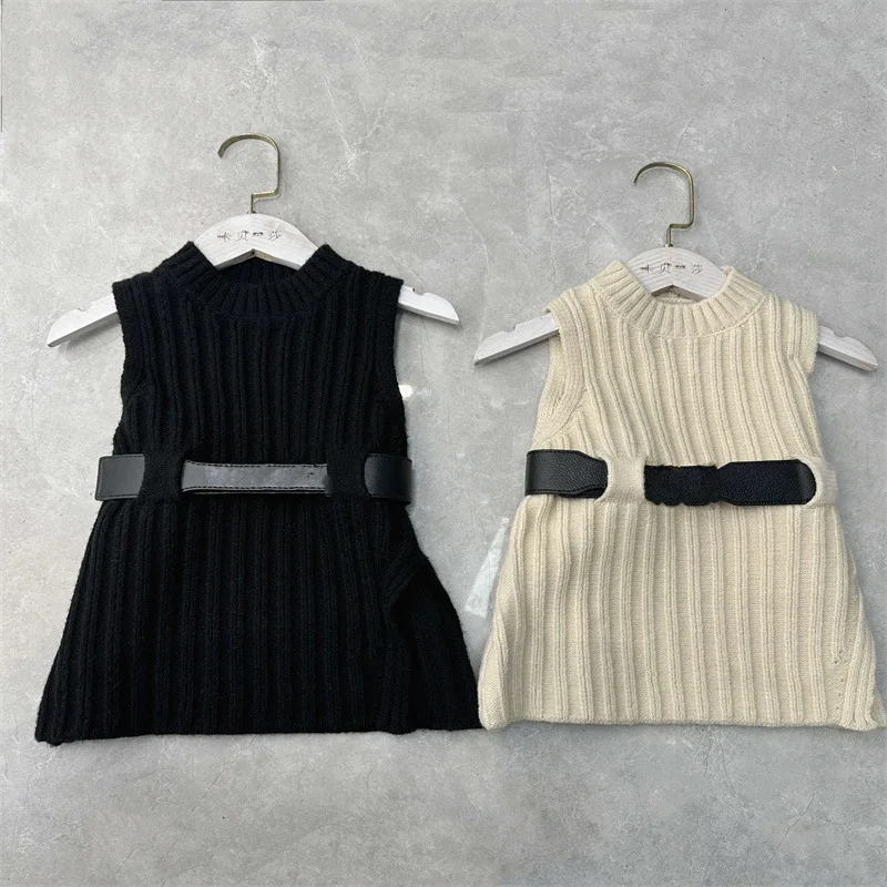 

Autumn New Korean Edition Solid Round Neck Knitted Sweater vest+belt kids clothes set teen kids designer clothes meisjes kleding