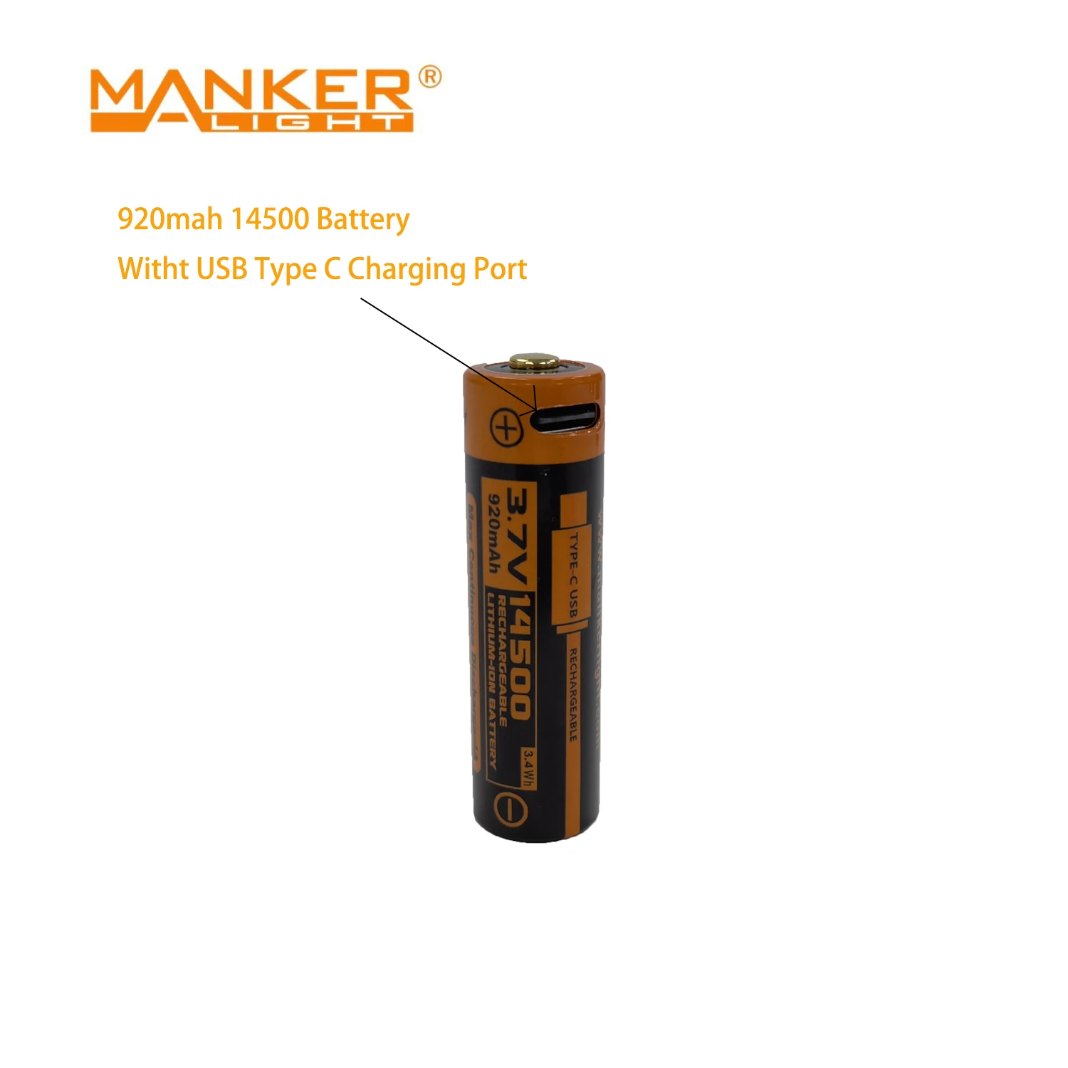 Mankerlight 14500 920mah Battery with USB Type C Charging Port for Flashlight,Include a Free Flashlight