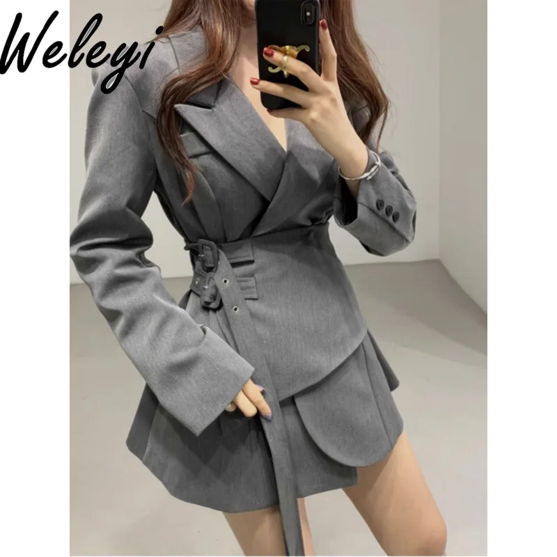 

2025 Spring New Office Ladies Double Belt Small Blazer Coat Women's Slimming Waist Irregular Fake Two-piece Suit Coats Jaquetas