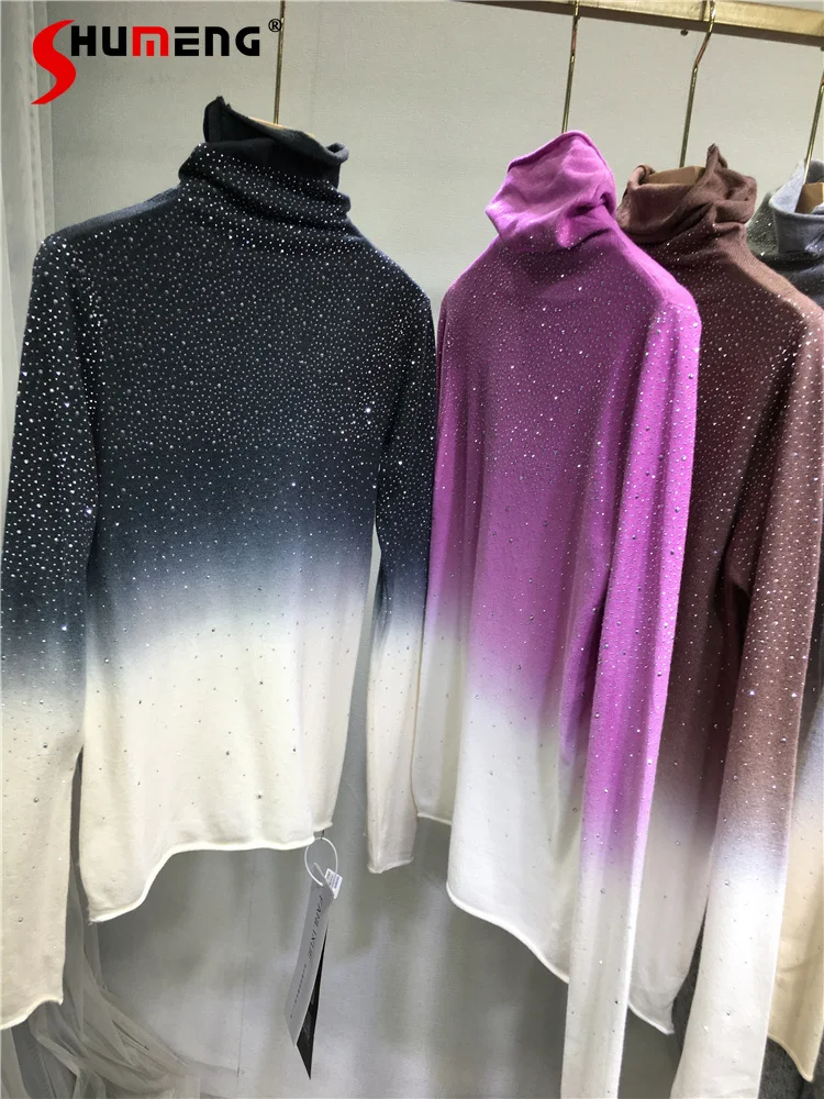 Women's 2024 Autumn Winter Versatile Sweet Hot Diamond Sweaters Female Gradient Color Tie-dye Turtleneck Long-sleeve Knitted Top