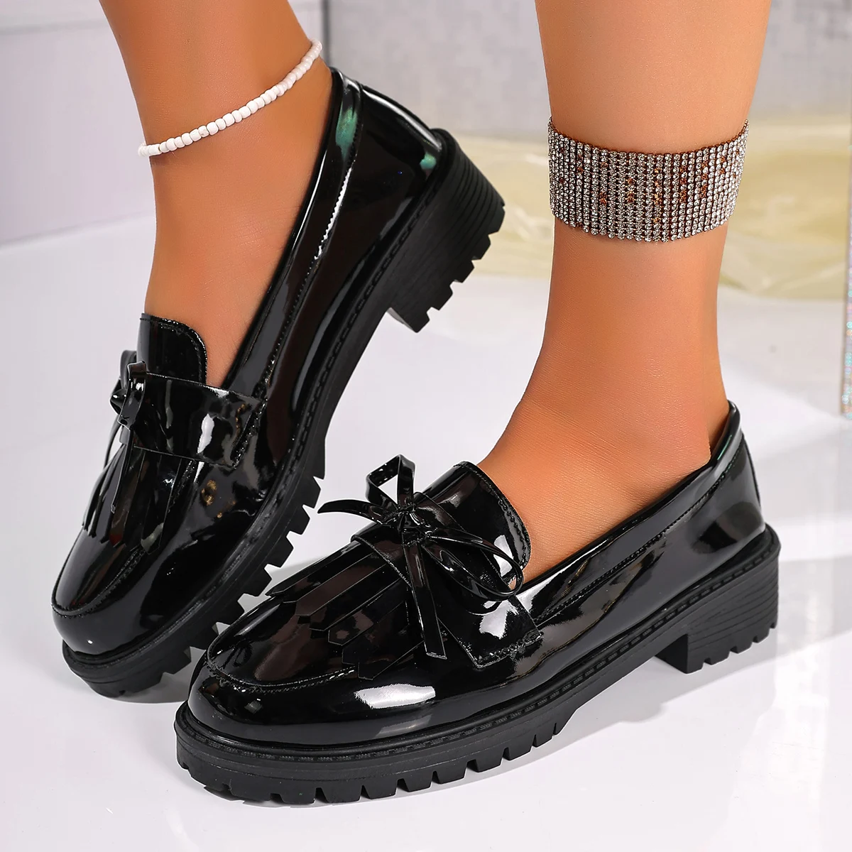 

Women Tassel Princess Shoes School Party Wedding Dress Mary Jane PU Leather Shoes Women Breathable Anti-skid Slip on Shoes