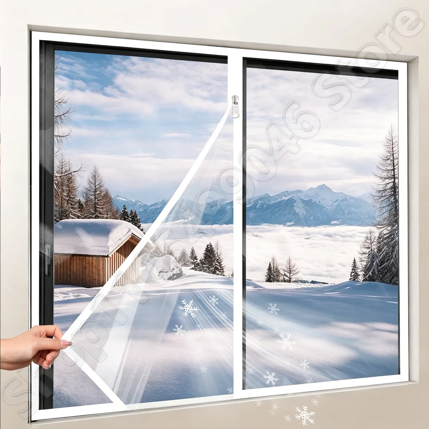 White zipper style winter warm curtains, transparent non drilling self-adhesive windproof and cold proof insulation window films