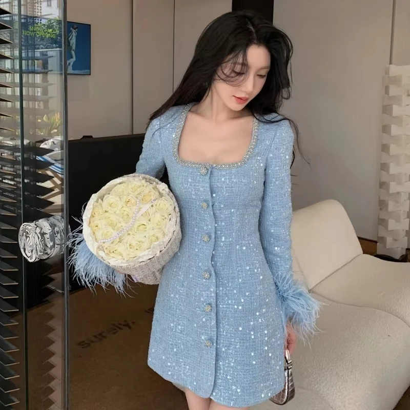 Herbst Winter Vogel Federn Langarm Diamanten Kette Pailletten Tweed Kleid Frauen Elegante Prom Abend Kurze Kleider Partyinyaд