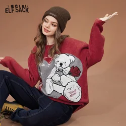 ELFSACK Kawaii Christmas New Year Red Pullover Sweaters Women Autumn/Winter Plus Size Knitwear