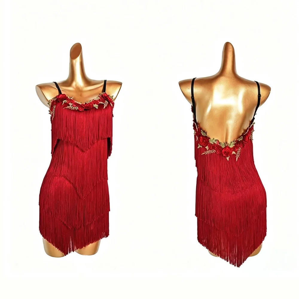 Red Backless Tassel Latin Dance Dress for Women Floral Rose Appliques Stretch Fabric for Competition Stage Performance Party Wea view 4
