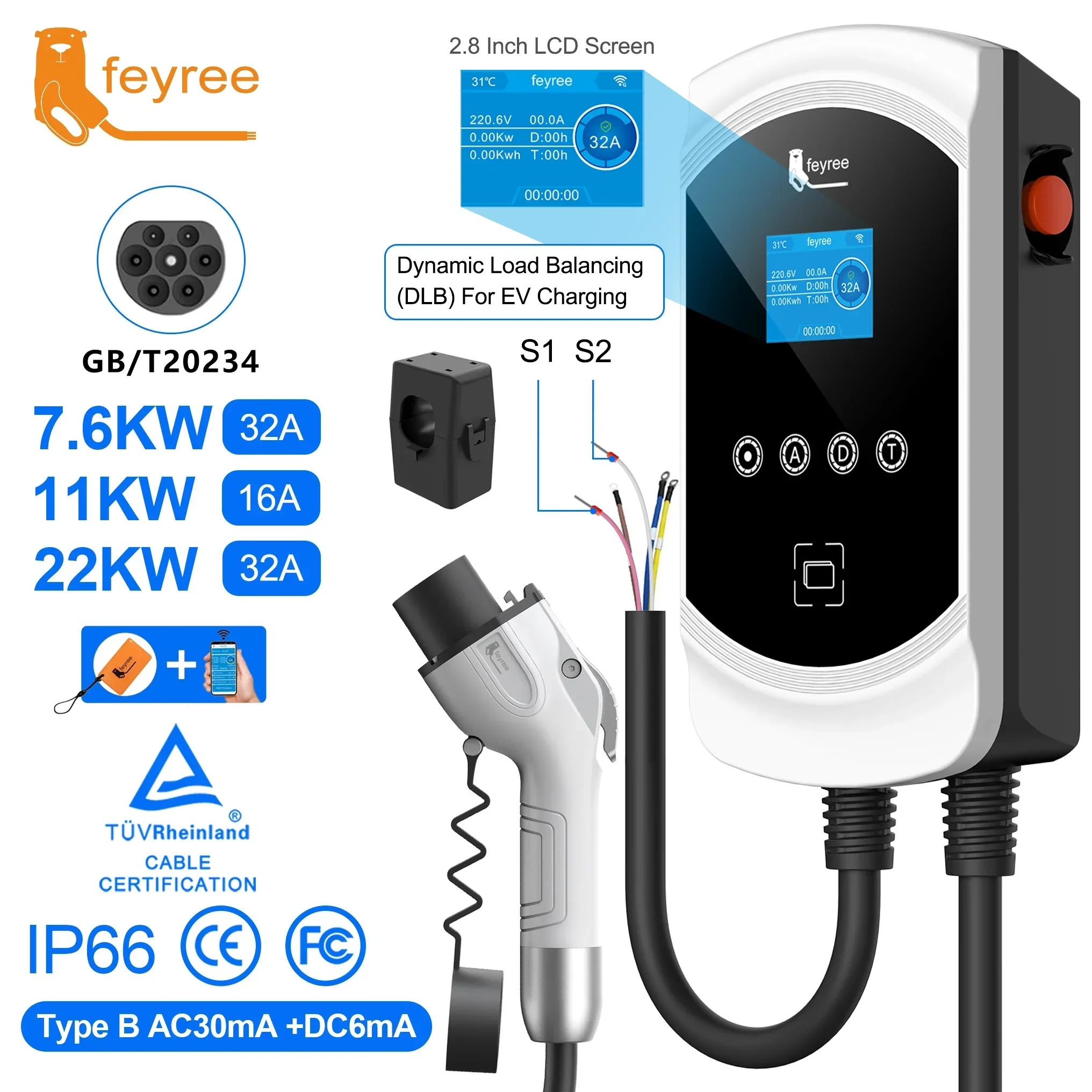 feyree EV Charger GB/T Socket 32A 7KW 1P 16A 11KW 3P 22KW APP Control  DLB Charging Station for Electric Vehicle EVSE Wallbox