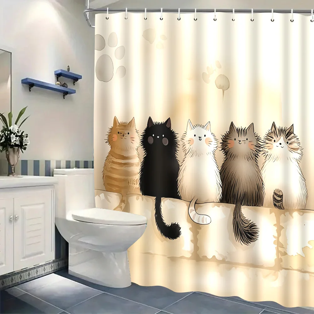 1 PC Shower Curtain with Five Furry Cats and Fun Paw Prints, Including 12 Hooks, 180 X 180 cm. Perfect for Bathroom Decor, En view 2