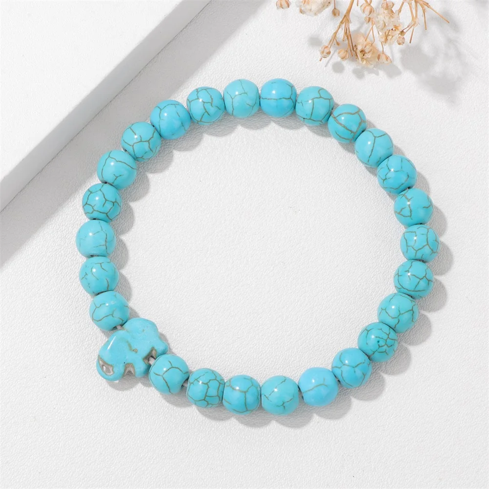 Blue Turquois Elephant Charm Bracelet Natural Pink Quartzs Amazonite Stone Bead Bracelet Cute Animal Elephant Charm Bangle Gift view 4