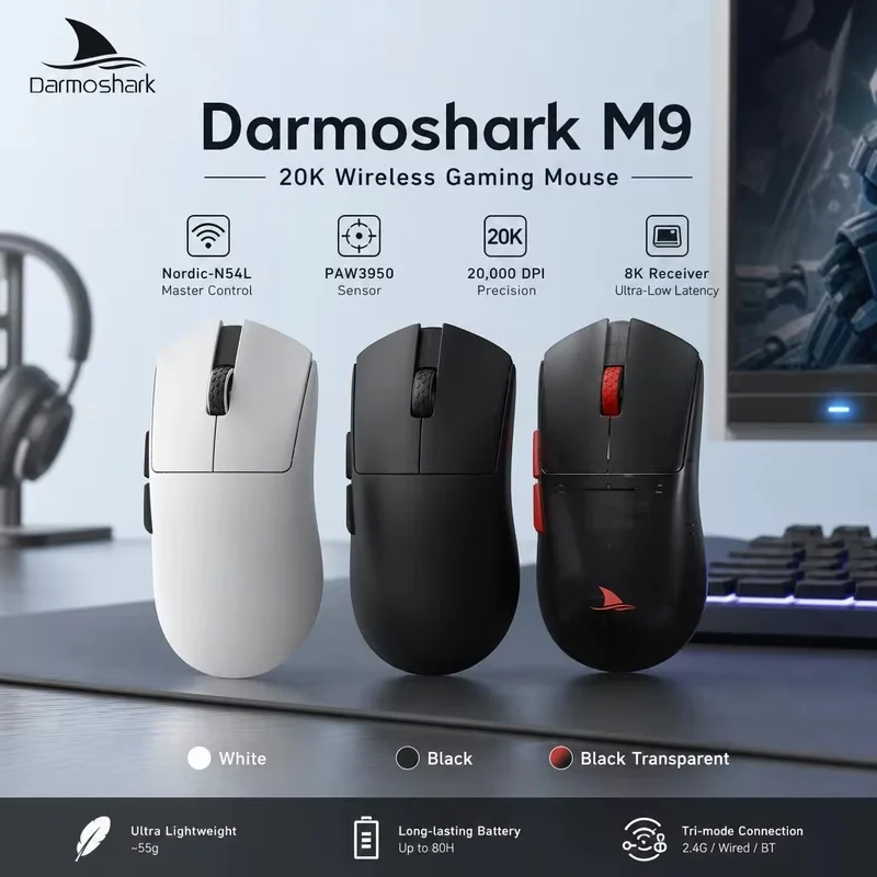 Darmoshark Hot Official M9 Gaming Mouse Wireless 8k 30KDPI PAW3950 Sensor  Big Hand Bluetooth Mouse Macro Lightweight 59g Mice