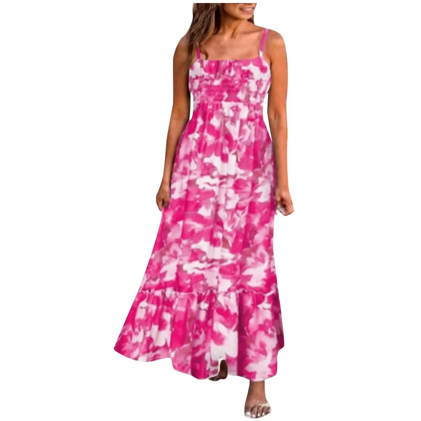 Womens Summer Maxi Dress Sleeveless Floral Spaghetti Strap Smocked Boho Beach Long Dress Beachwear For Vacation Women's Dress