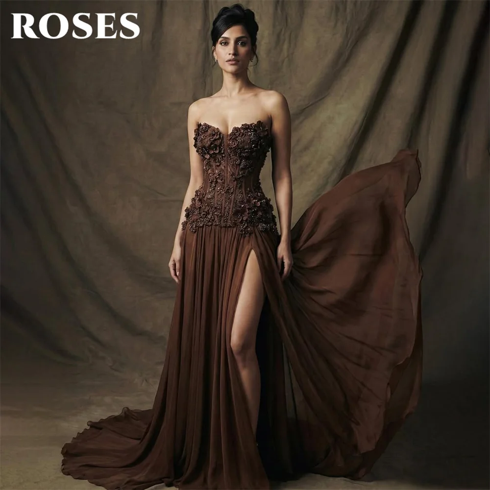 

ROSES Chocolate Brown Prom Dress Sleeveless Formal Dress with 3D Floral Appliques Evening Dress High Slit 프롬 드레스 Customized