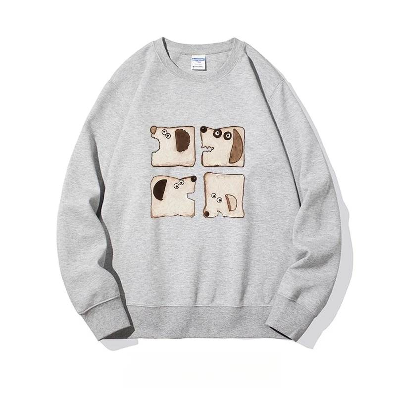 Men's Khaki Green Cartoon Bread Dog Print Crew Neck Sweatshirt Autumn Winter New Black Dark Gray Loose Casual Velevt Sweatshirt
