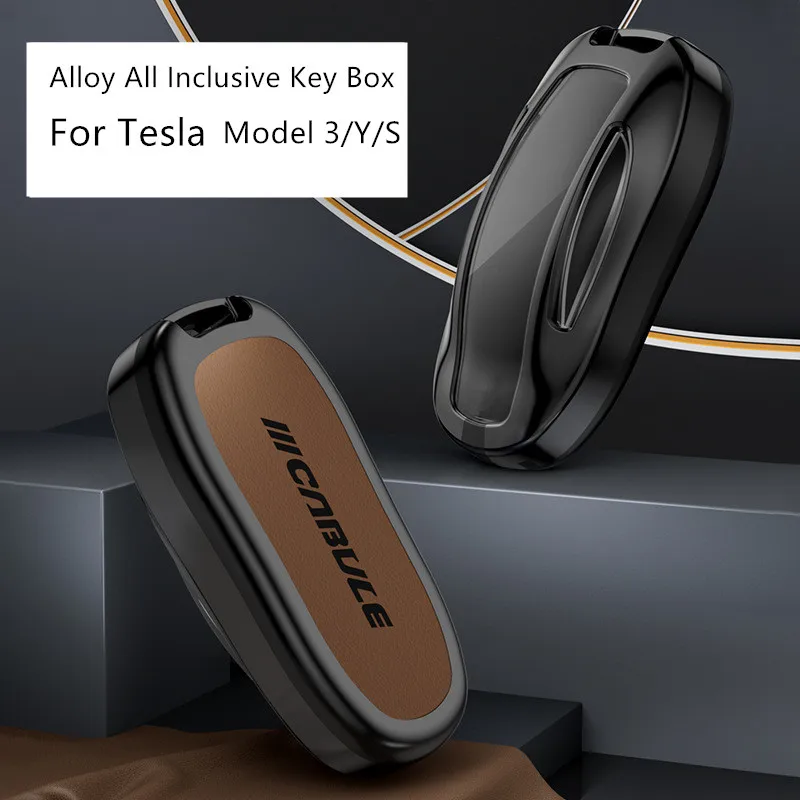 

Alloy All inclusive key with texture leather case suitable for Tesla Y keybag MODEL S keycase model3