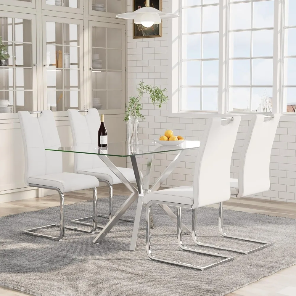 

5-piece dining table, equipped with 4 PU leather chairs, 4-person modern dining table set, silver metal leg rectangular table