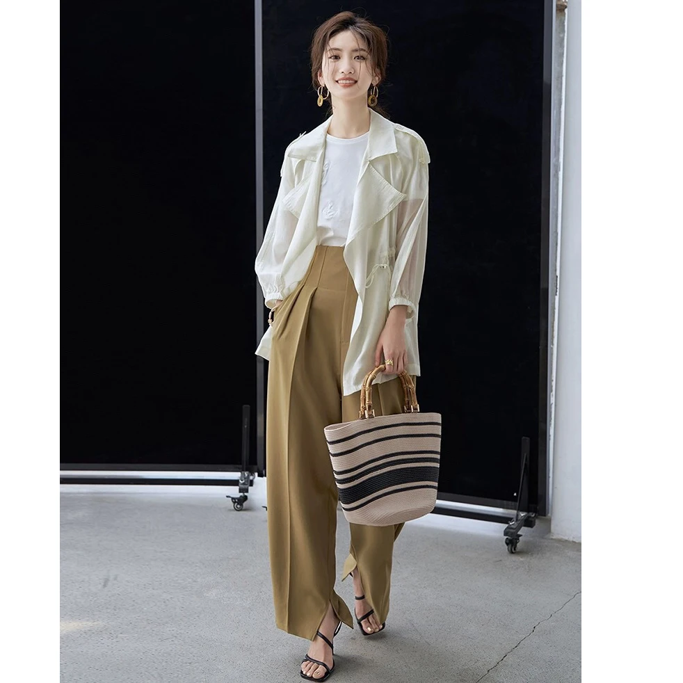 

Light Airy Feeling Summer Women's Suit Jaet Dstring Waist oulder Sve Collar Zipper Closure UV Protection