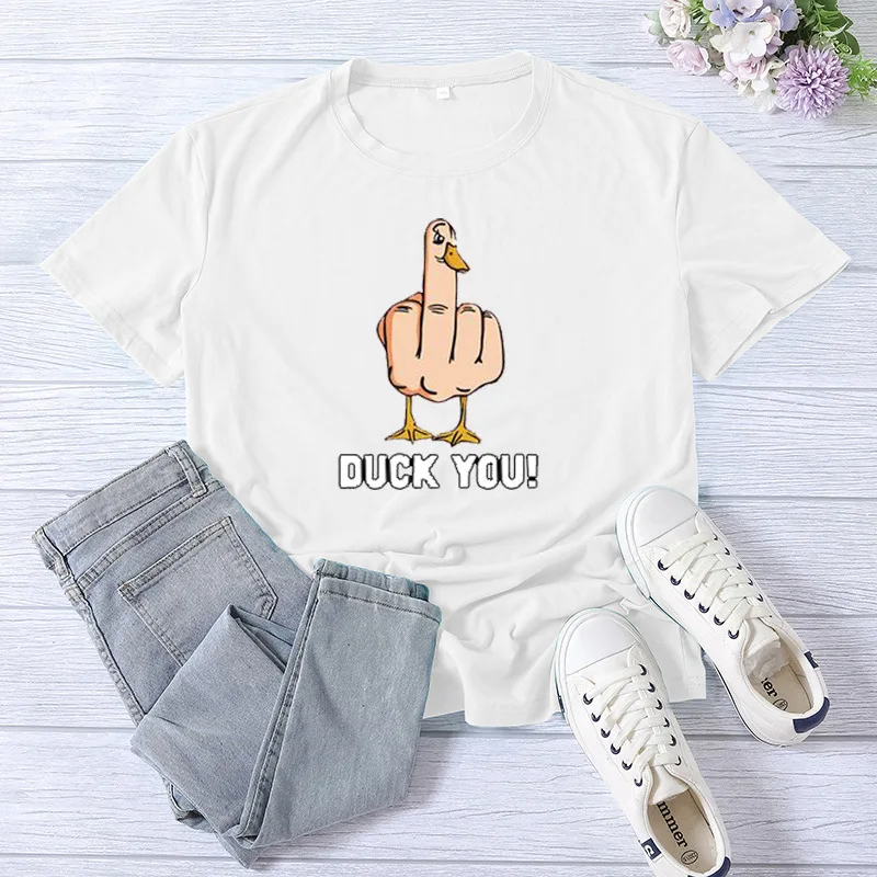 Summer Women Tee Shirt Tops Camisetas Mujer DUCK YOU Middle Finger Print T Shirt Women Short Sleeve O Neck Loose Tshirt