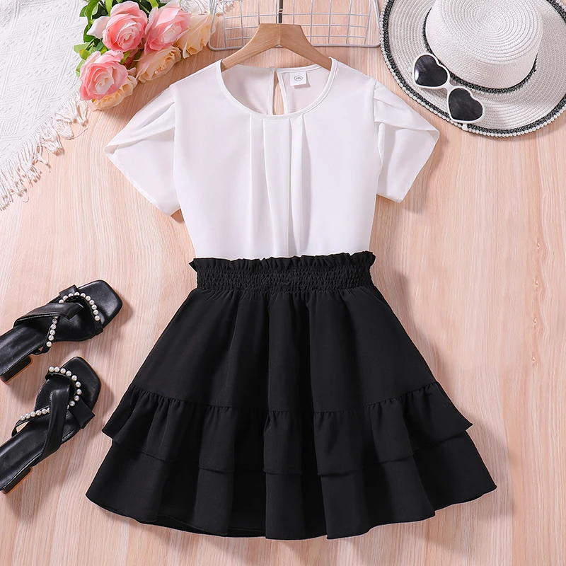 Summer Girls White Short-Sleeved Top + Black Skirt Two Piece Set Preppy Style Outifits Stylish Daily Casual Clothing