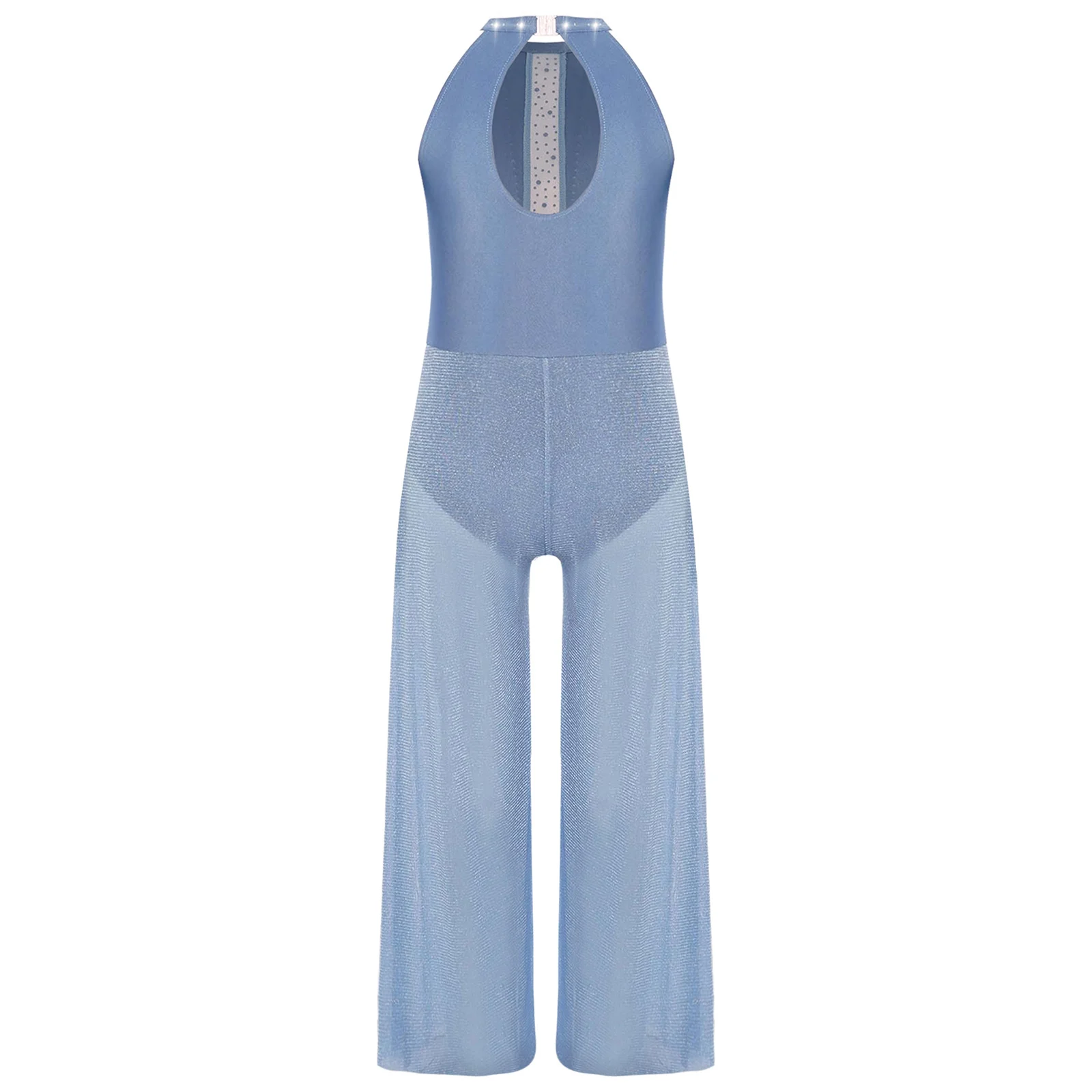 Kids Girls Jazz Dance Bodysuit Shimmery Rhinestone Sleeveless Keyhole Back Sides Split Wide-Leg Jumpsuit with Built-in Briefs