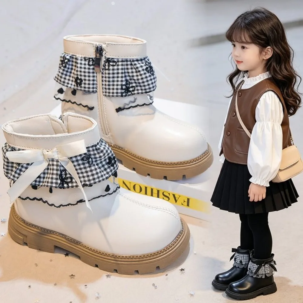 New Black Fashion Ankle Bow Girl Boots for Children's Snow Boots Leather Waterproof Shoes Big Kid Autumn Winter Boots Size 26-36