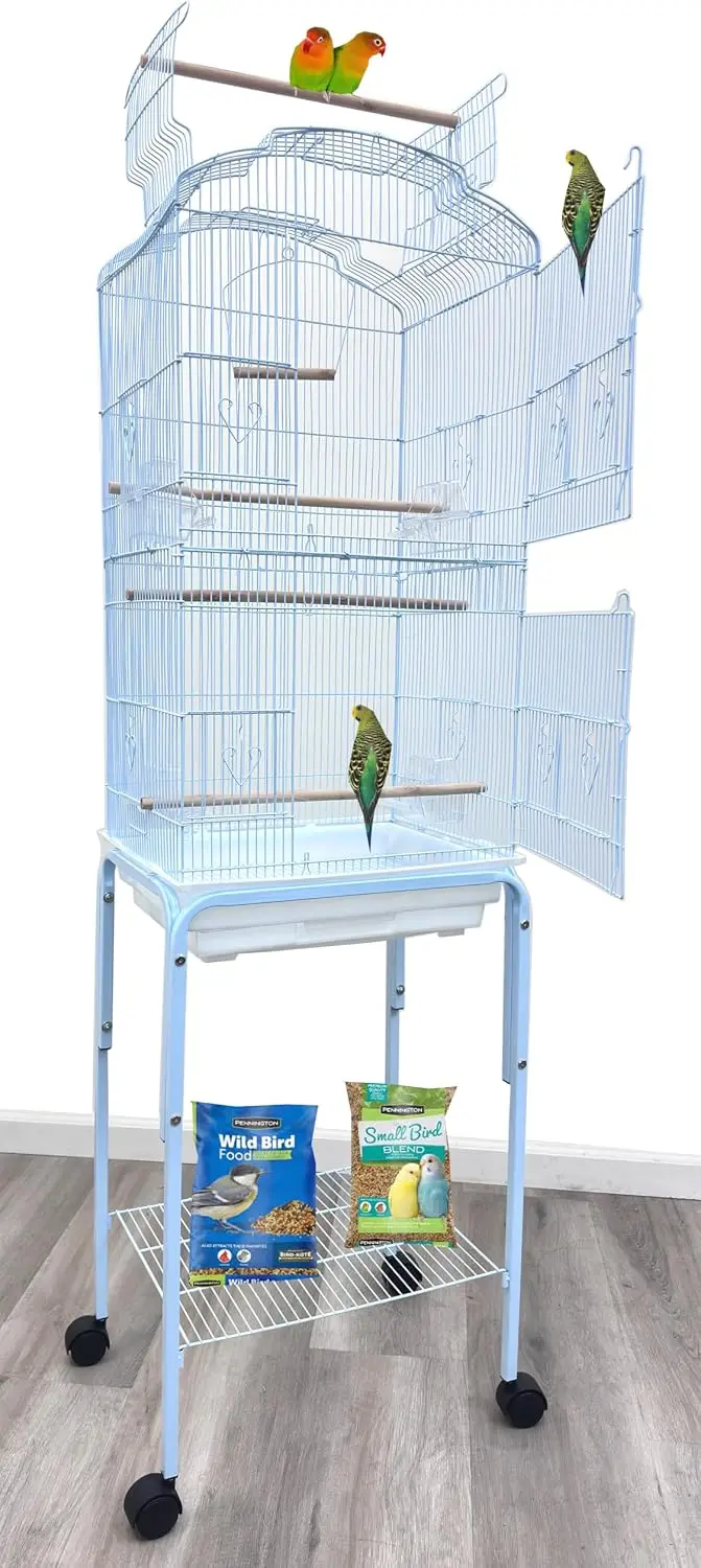 Large Bird Cage with Top That Opens and Closes, Breeding Nest Box Access Doors on Sides, Pull-Out Tray for Quick Cleaning, Transparent Feeding Cups, Detachable Rolling Stand, Ideal for Canaries, Parakeets, Cockatiels, Lovebirds, Finches