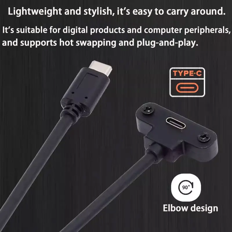 65W USB-C Extension Cable USB 2.0 Type-C Male/Female 90-Degree Bend with Screw-Fixed Shield 480MBPS 3A 6-Pin Extension Cable