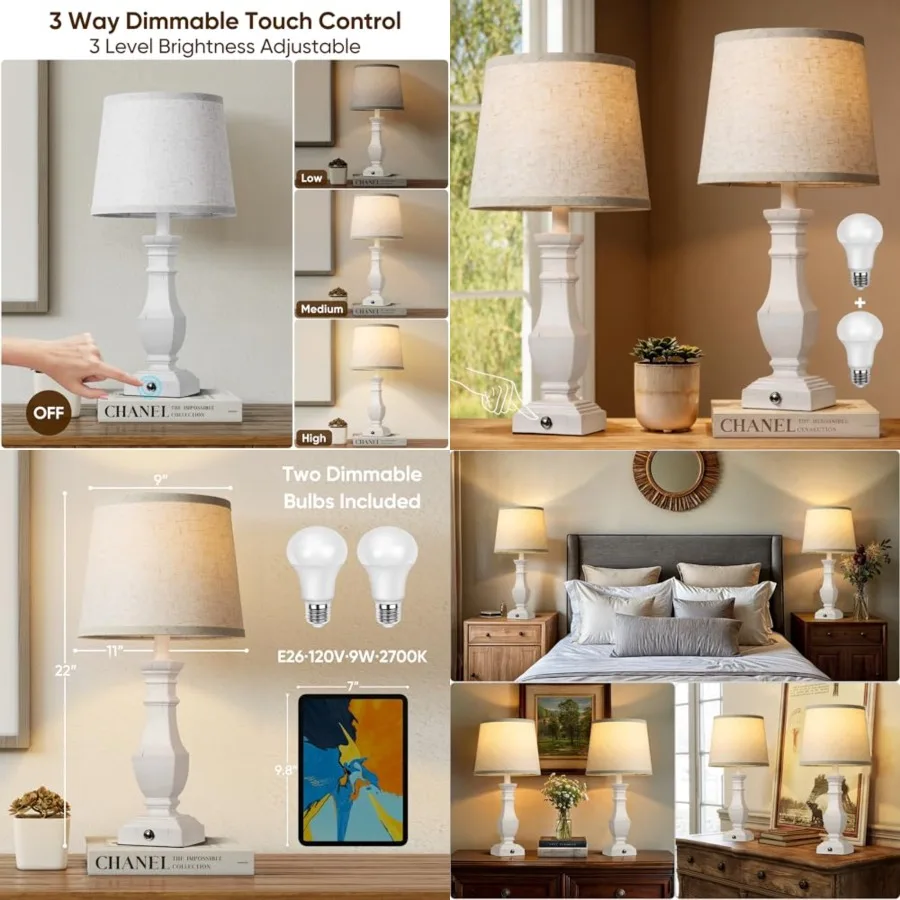 

Dimmable Table Lamps Set of 2, Rustic Farmhouse Table Lamps for Living Room Bedroom, Bedside Desk Lamps for end Tables, Touch L