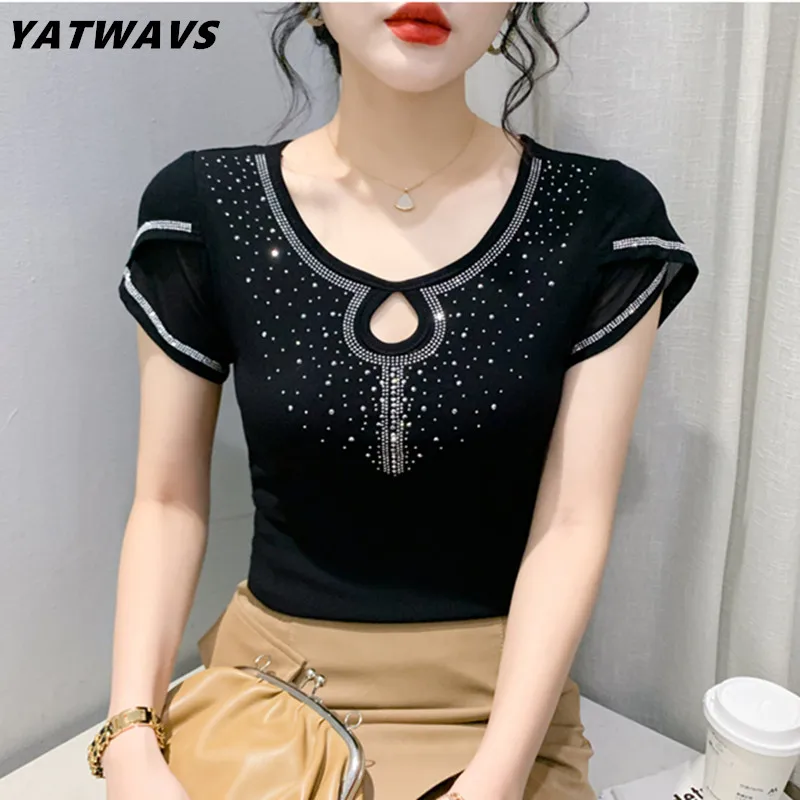 New Summer High-End Short Sleeved Women\'s T-Shirt Fashion Hollow Out Hot Diamonds Mesh Tops Casual O-Collar Design M-3XL Tees