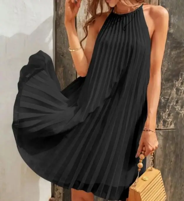 

Women's Casual Dresses 2026 Summer Fashionable Temperament Sleeveless Large Fold Lace up Dress Hip Dress Solid Female Skirt