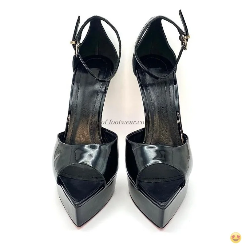 2026 Women's black/nude patent leather platform sandals pointy toe sexy ankle strap party heels gladiator luxury designer shoes view 3