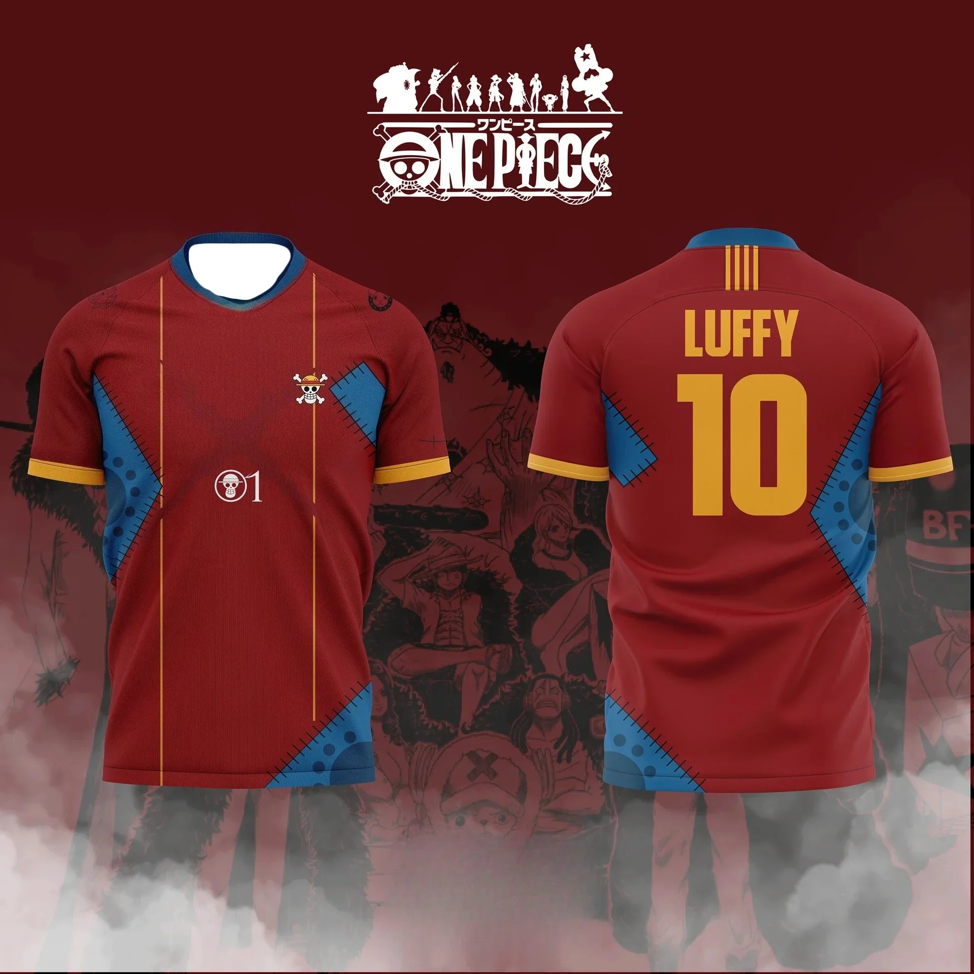 Bandai 2026 Anime Monkey D.LUFFY NO.10 Printed Football Shirt Summer Sports and Leisure Loose Breathable T-shirt Family Matching